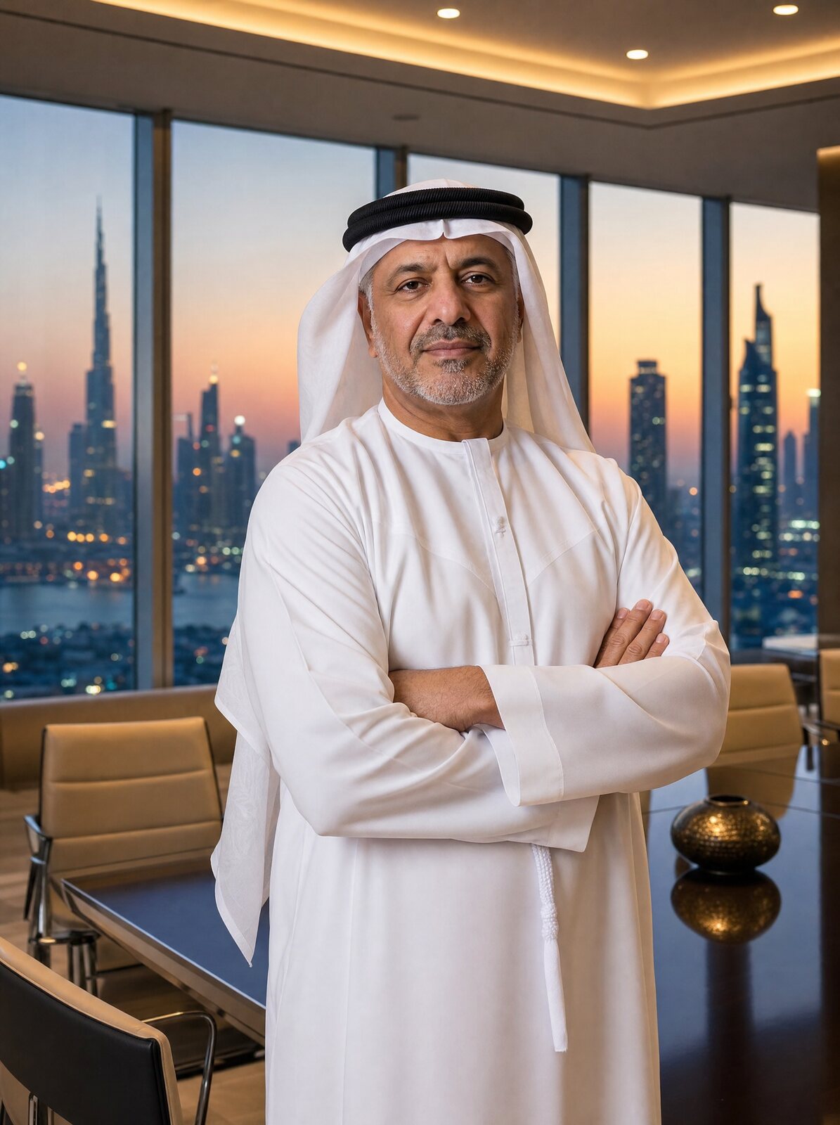 Group chairman in a boardroom over Dubai