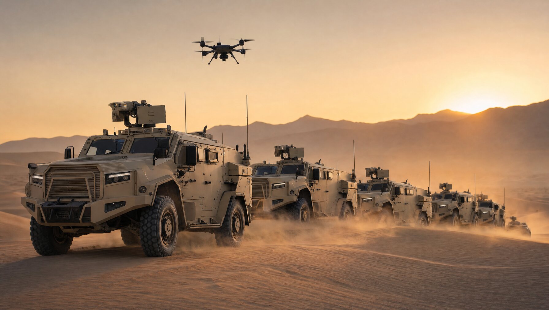Armoured vehicles crossing dunes